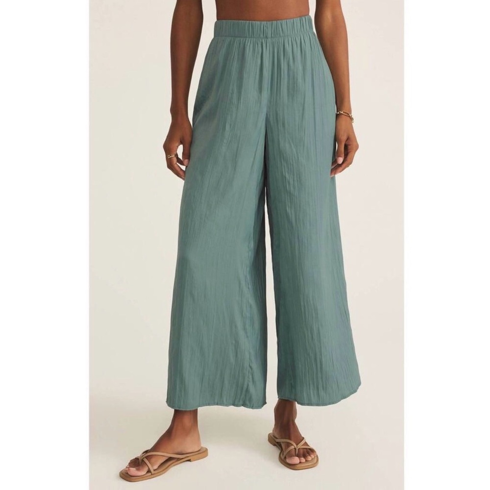 NWT Z Supply Sunset Satin High Rise Wide Leg Pants in Sea Pine Size Large